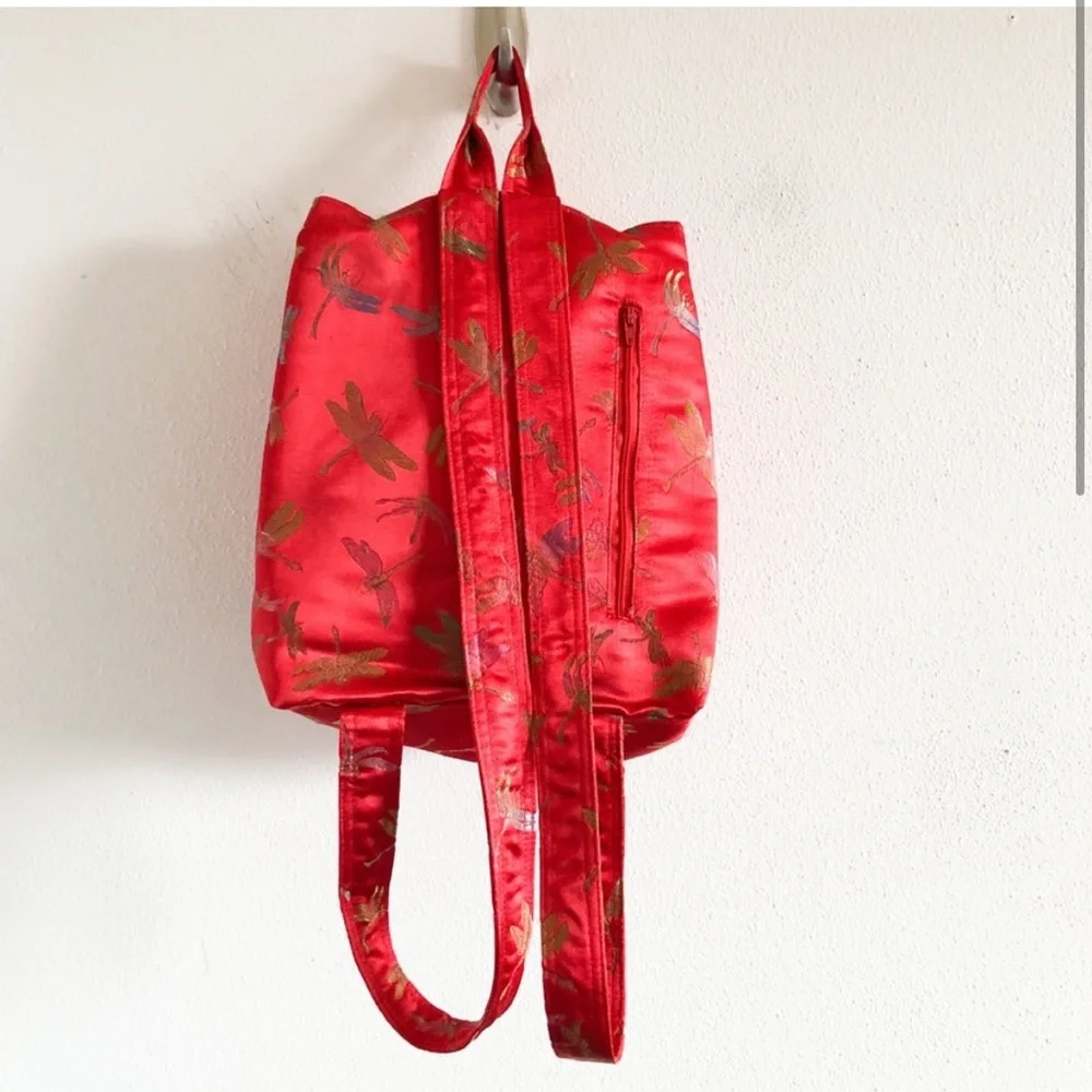 Vintage Y2K red jacquard satin dragonfly backpack bag